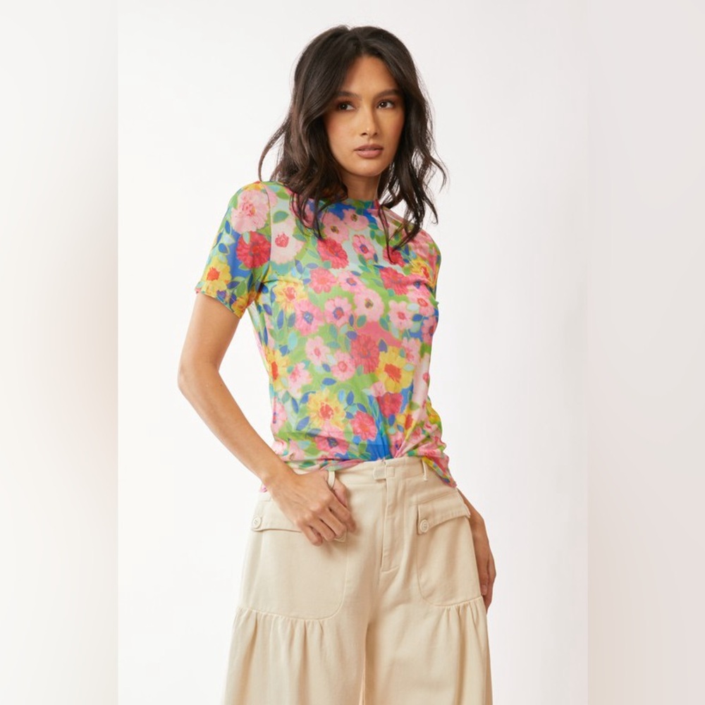 🟠 364B- PINK MULTI. Floral Mesh Multicolor Short Sleeve Top